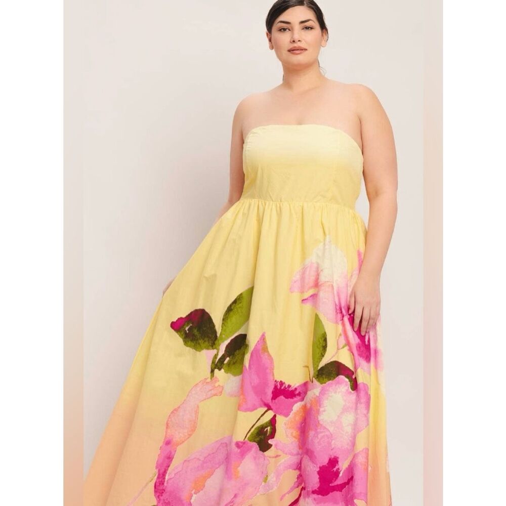 Plus Size Strapless Floral Maxi Dress Yellow Pink Wedding Guest Summer - Picture 3 of 5